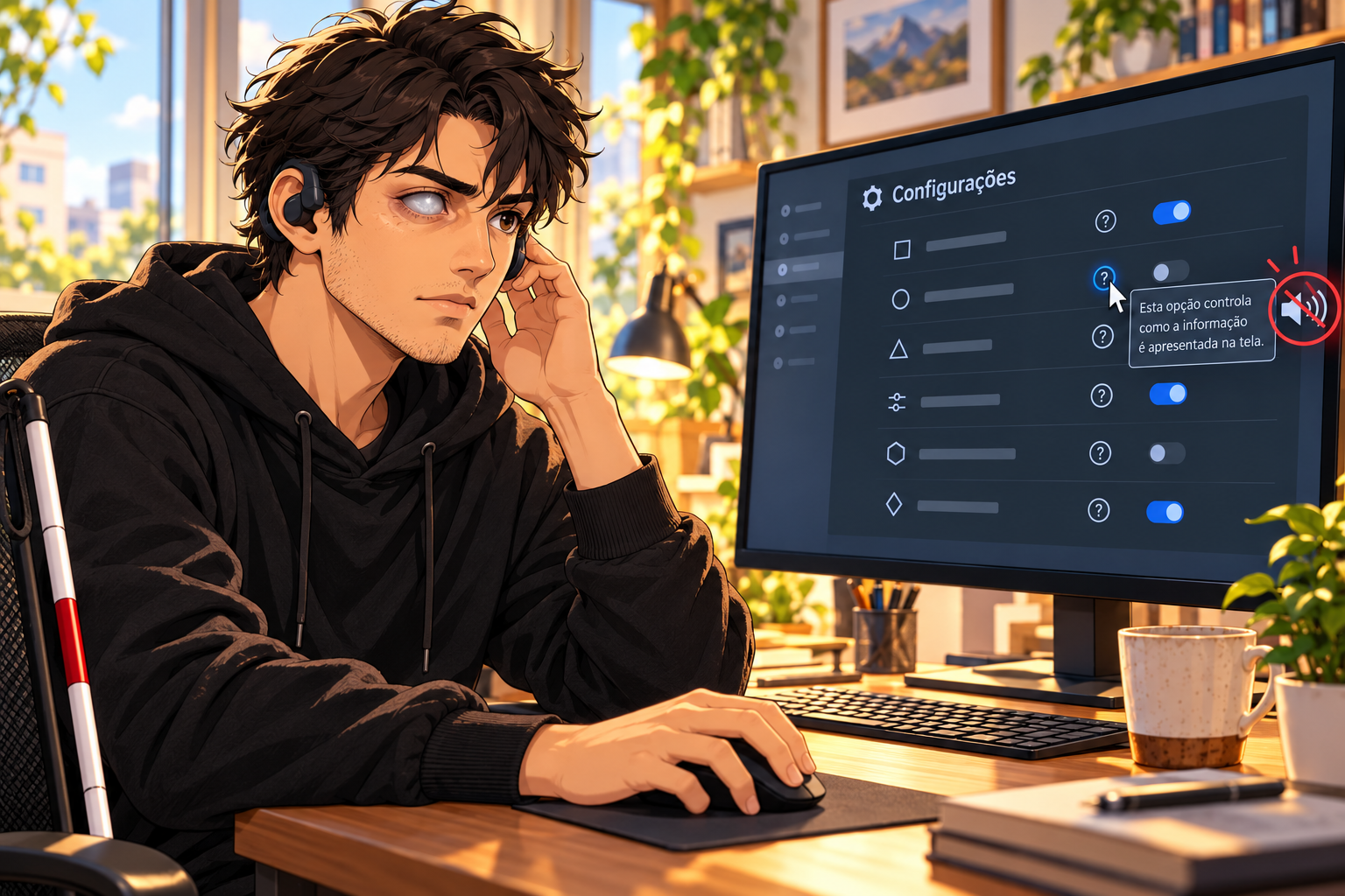 Pesquisador de segurança com um olho opaco usa fone diante de uma ajuda visual marcada com símbolo de ausência de áudio, em ilustração de anime.