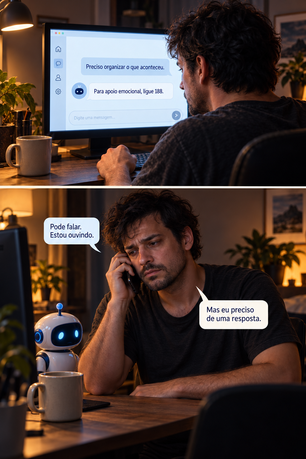 Duas cenas: uma pessoa recebe um contato de apoio na tela e depois conversa por telefone, com o robô ao lado.