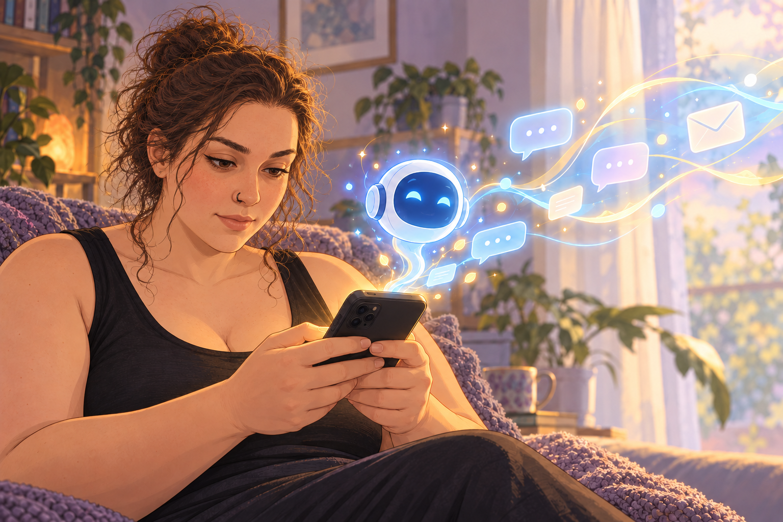Un personaje ficticio de anime realista usa un celular con ambas manos en un sofá. Una pequeña IA luminosa y flujos de mensajes salen de la pantalla hacia un destino no mostrado.