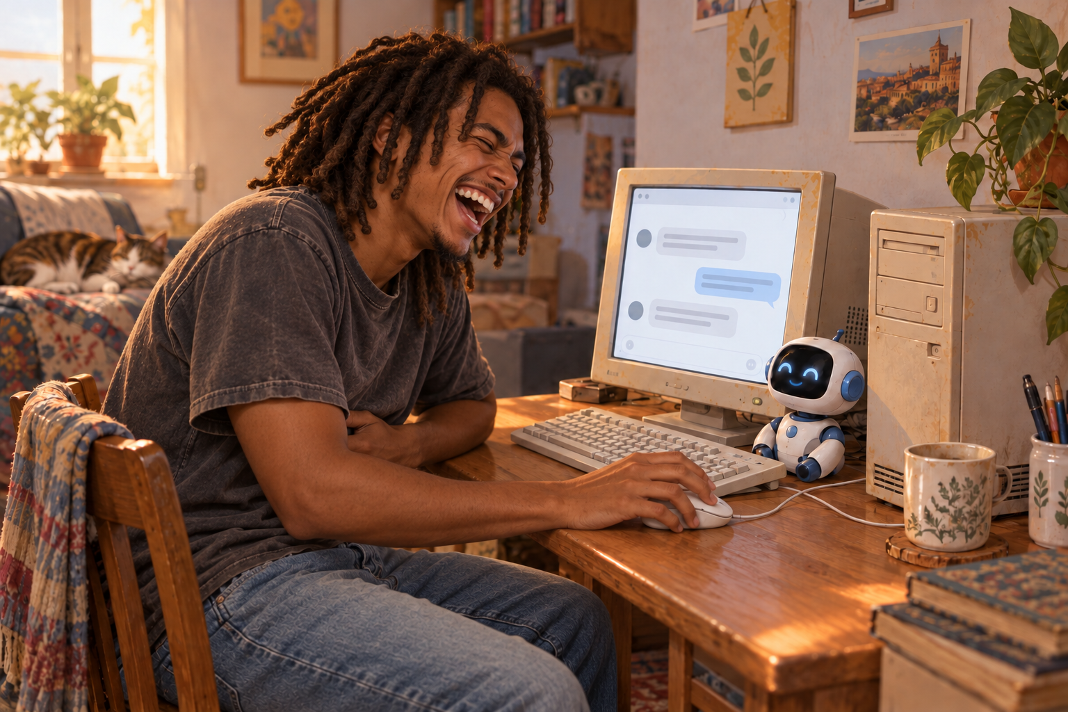 Um rapaz de dreadlocks ri intensamente diante de um computador antigo, com um chat genérico na tela.