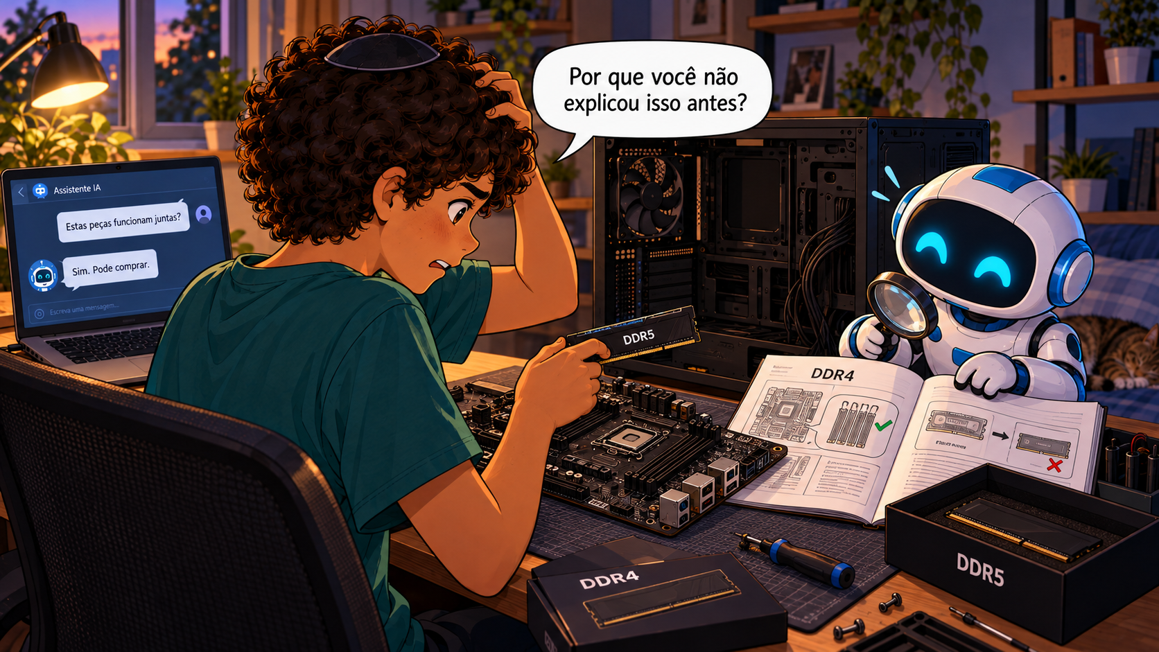 Cena ilustrativa de pesquisa ou montagem de computador, com pessoa e robô branco e azul.