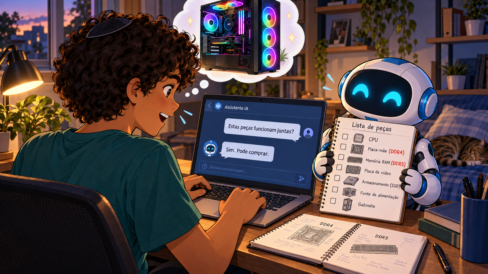 Illustrative scene of computer research or assembly, with a person and a white-and-blue robot.