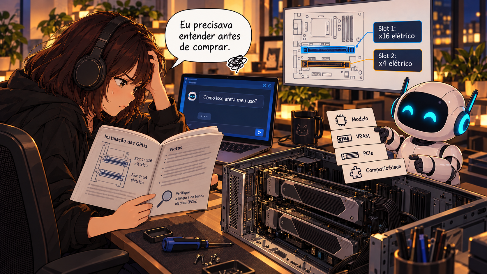 Cena ilustrativa de pesquisa ou montagem de computador, com pessoa e robô branco e azul.