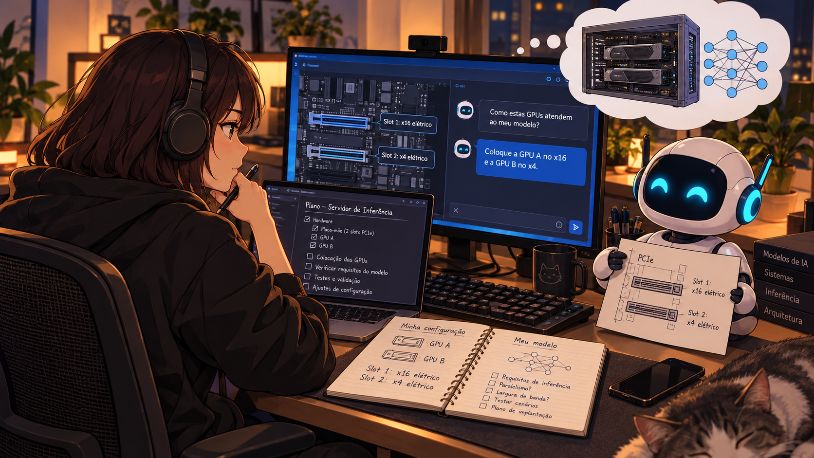 Cena ilustrativa de pesquisa ou montagem de computador, com pessoa e robô branco e azul.