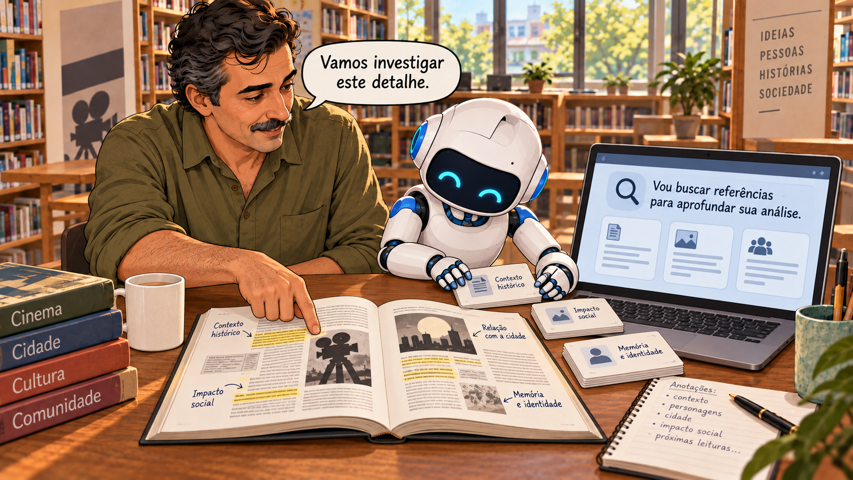 Homem aponta um livro enquanto o robô organiza referências para aprofundar a análise.