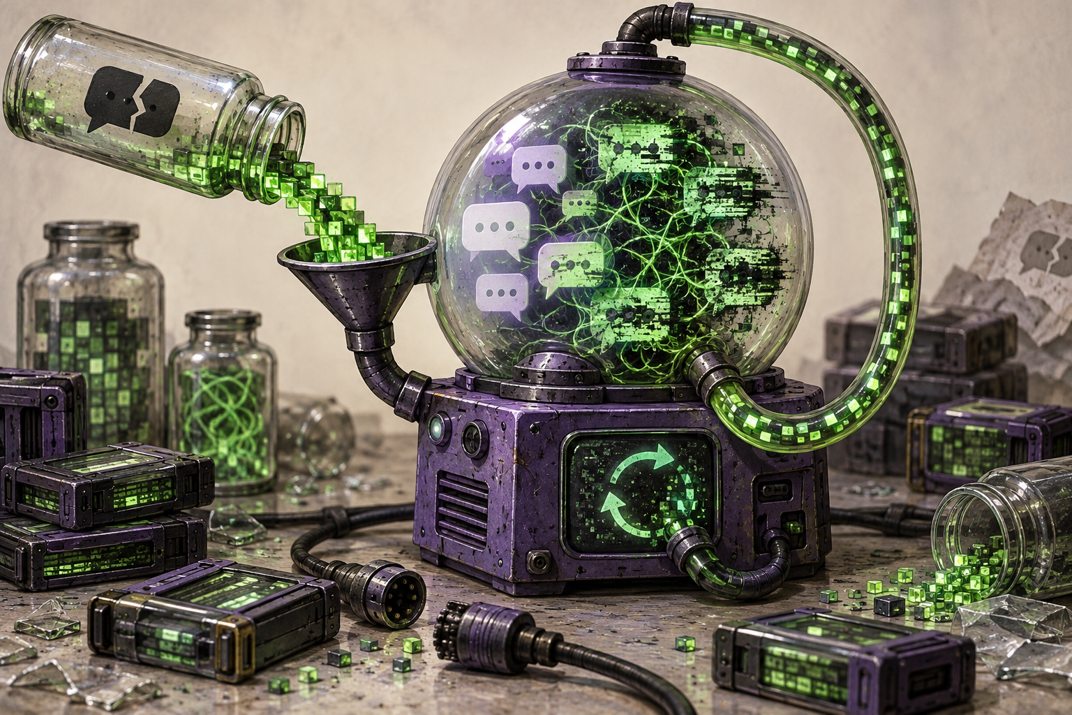 A machine receives green data and recirculates it, scrambling conversation bubbles inside a sphere.