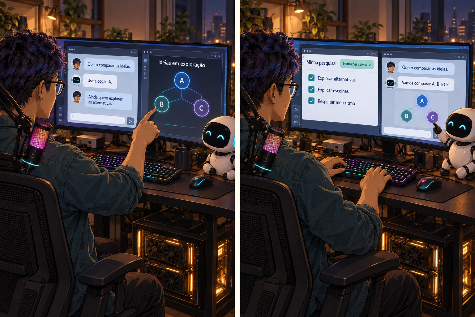 Duas cenas do mesmo pesquisador de cabelo azul-violeta diante de um monitor ultrawide. Na primeira, ele aponta alternativas enquanto a IA recomenda A; na segunda, usa instruções salvas para explorar e comparar. Um robô branco e azul acompanha as duas cenas.