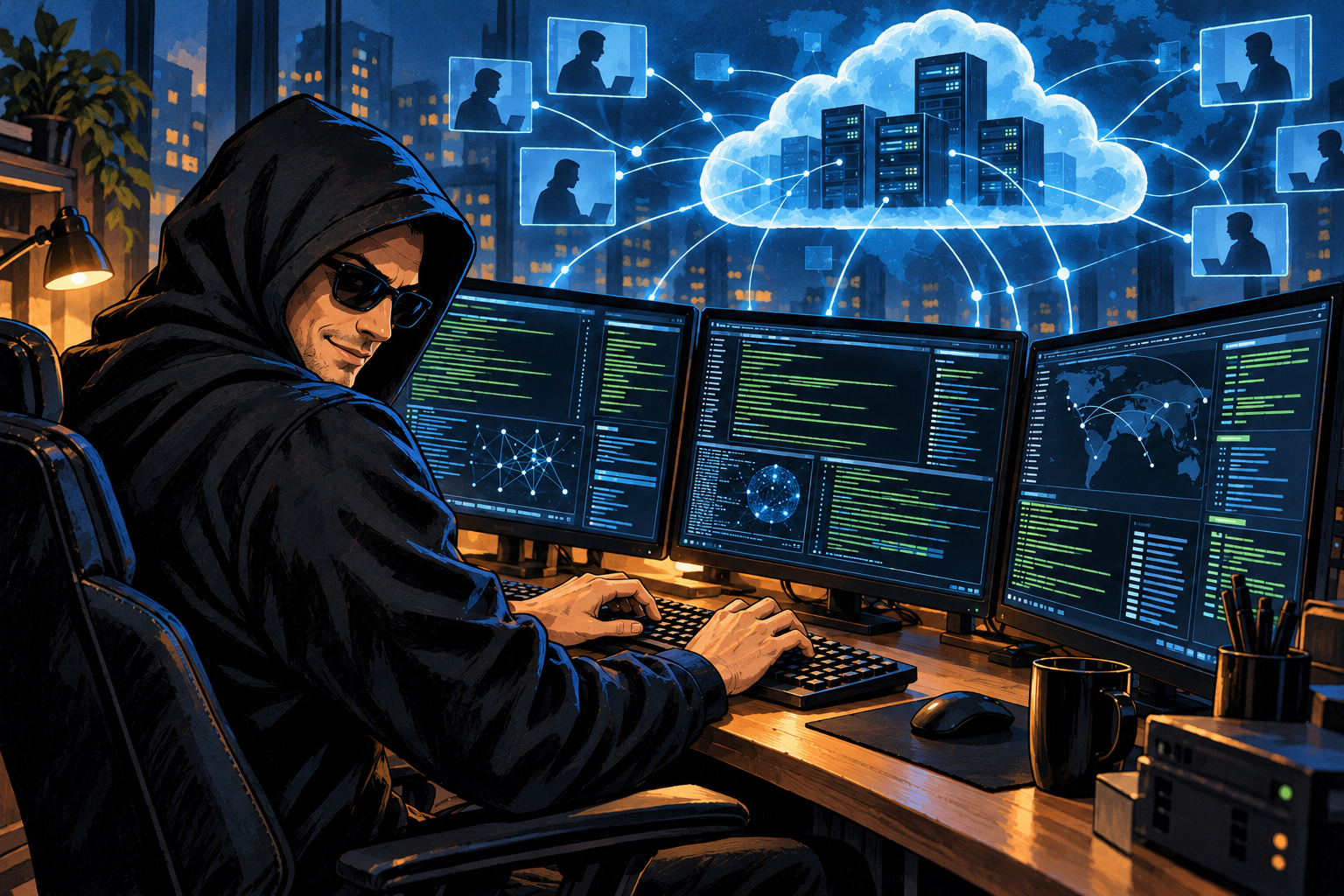Personagem black hat de capuz e óculos escuros opera três monitores de terminais diante de uma nuvem simbólica ligada a usuários.