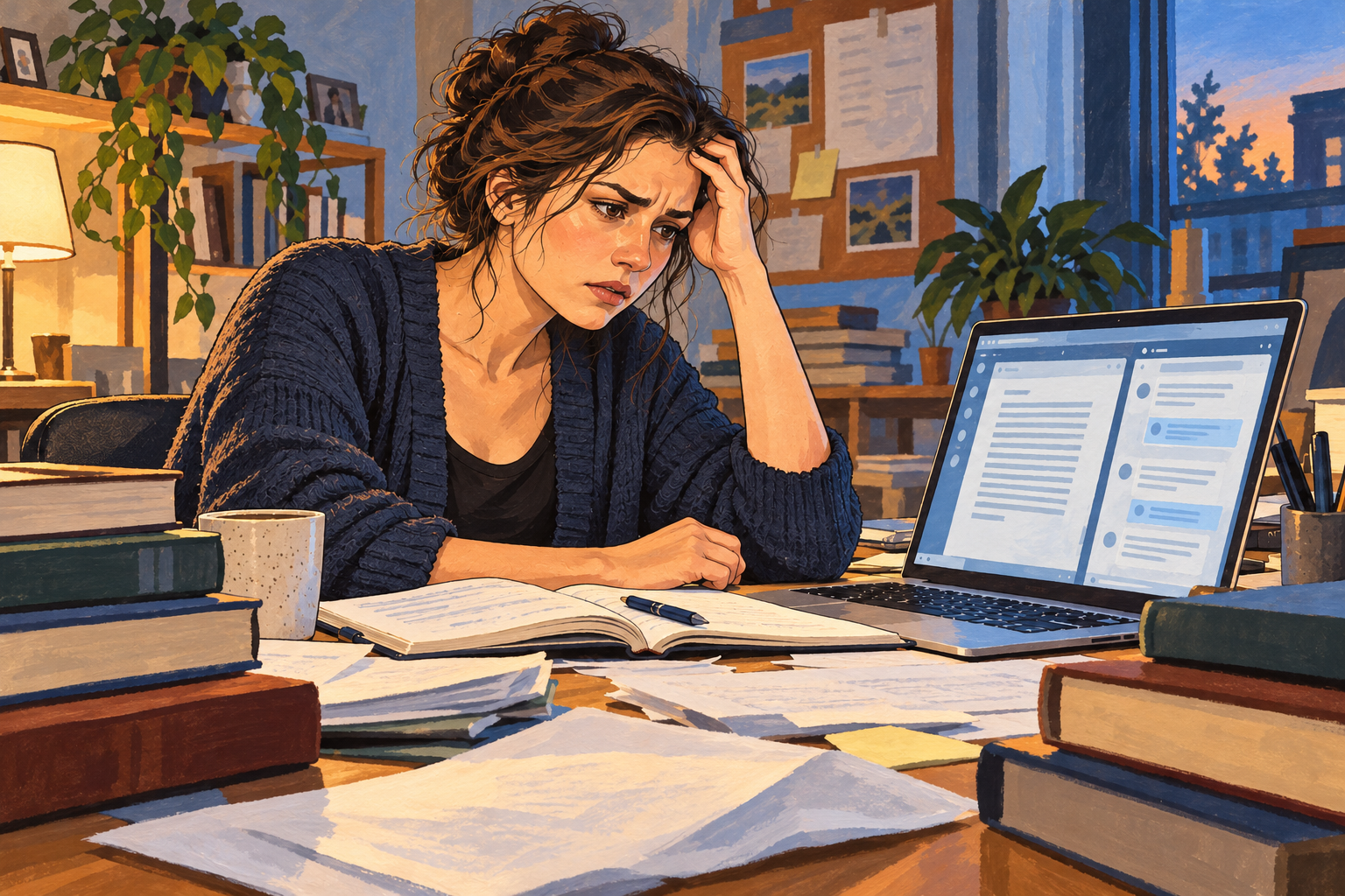 Mulher angustiada diante de um documento e uma conversa no computador, cercada de livros sem títulos e anotações.