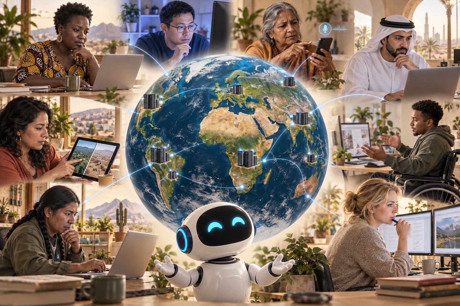 Diverse people use computers and phones around the globe, with data centers distributed across the continents and Kuaapy's white-and-blue robot with open arms.