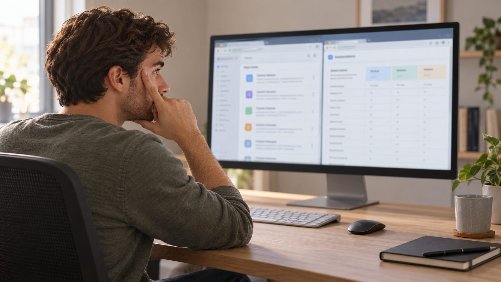 A person looking through model and pricing documentation, with no legible branding or text.