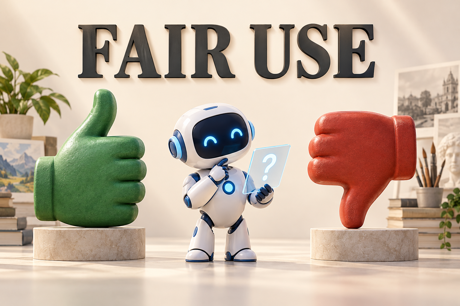 Banner com FAIR USE, um polegar verde para cima e outro vermelho para baixo; entre eles, um robô branco e azul examina uma tela com um ponto de interrogação.