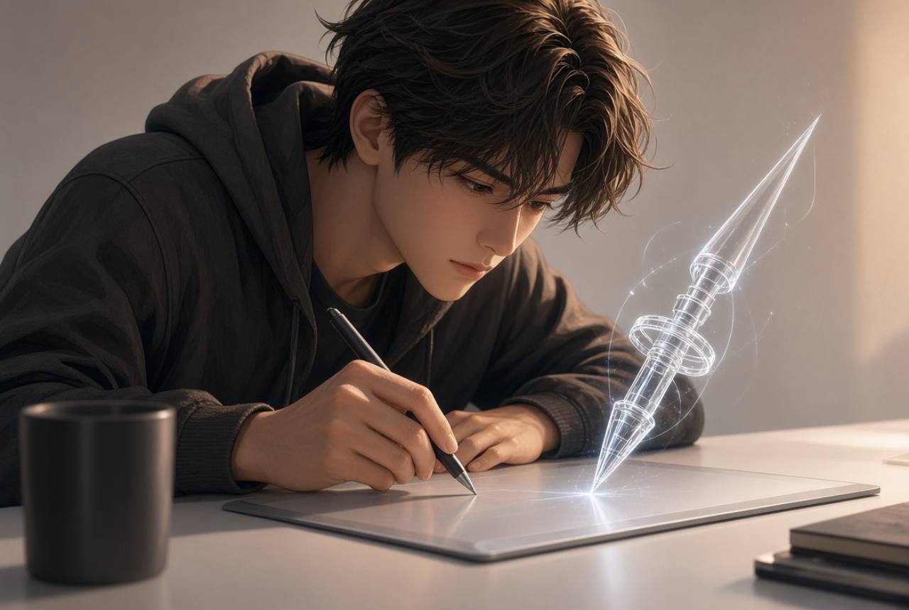Person drawing precisely beside a luminous instrument, a visual metaphor for focus on one function.