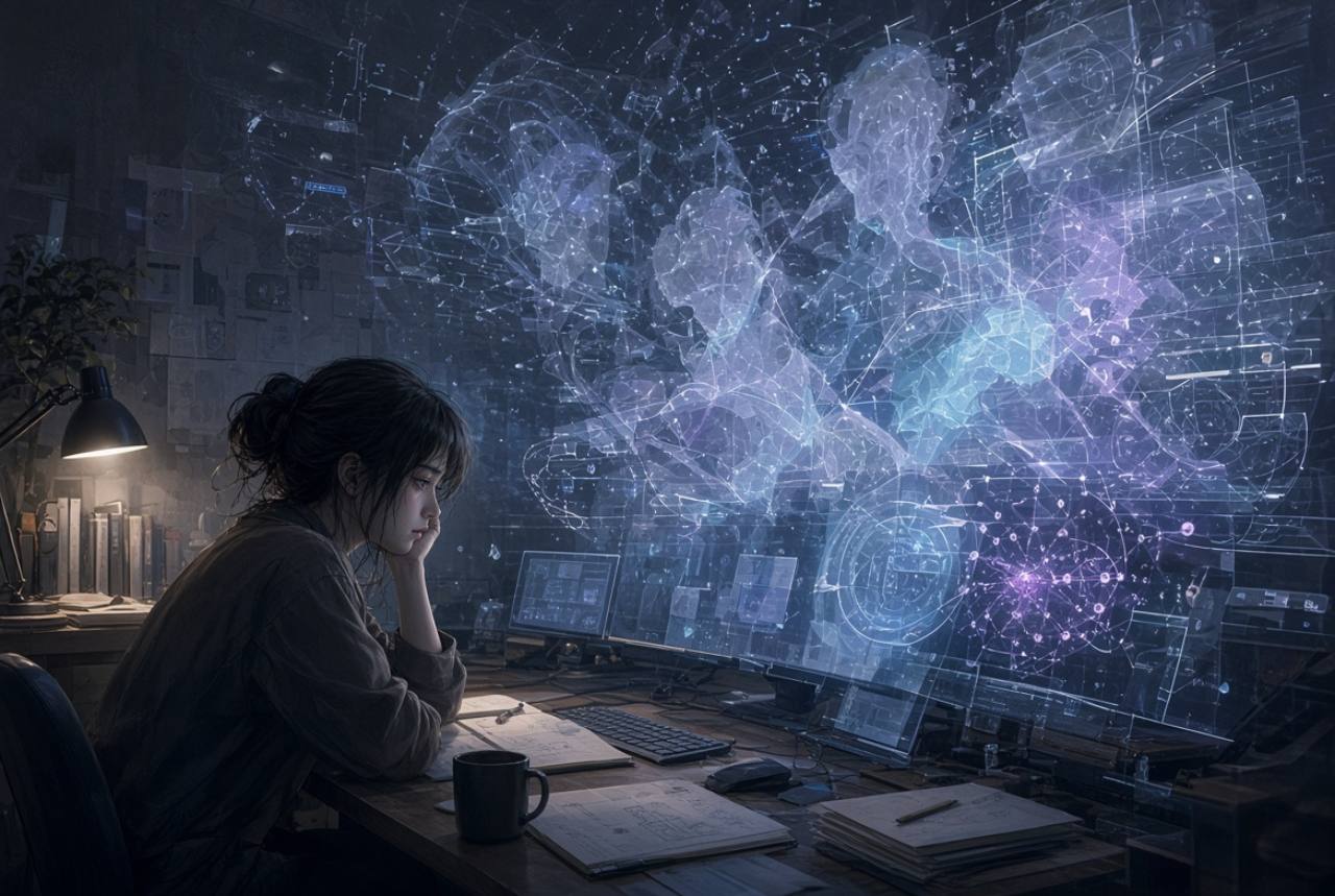 Person facing multiple holographic figures and paths, a visual metaphor for a broad range of possibilities.