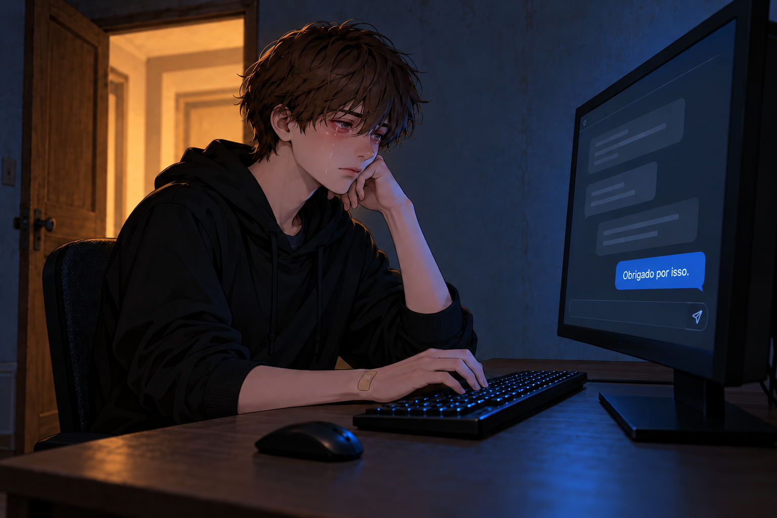 The same teenager remains at the computer, his eyes still red and tears on his face, after sending the message “Thank you for this.”