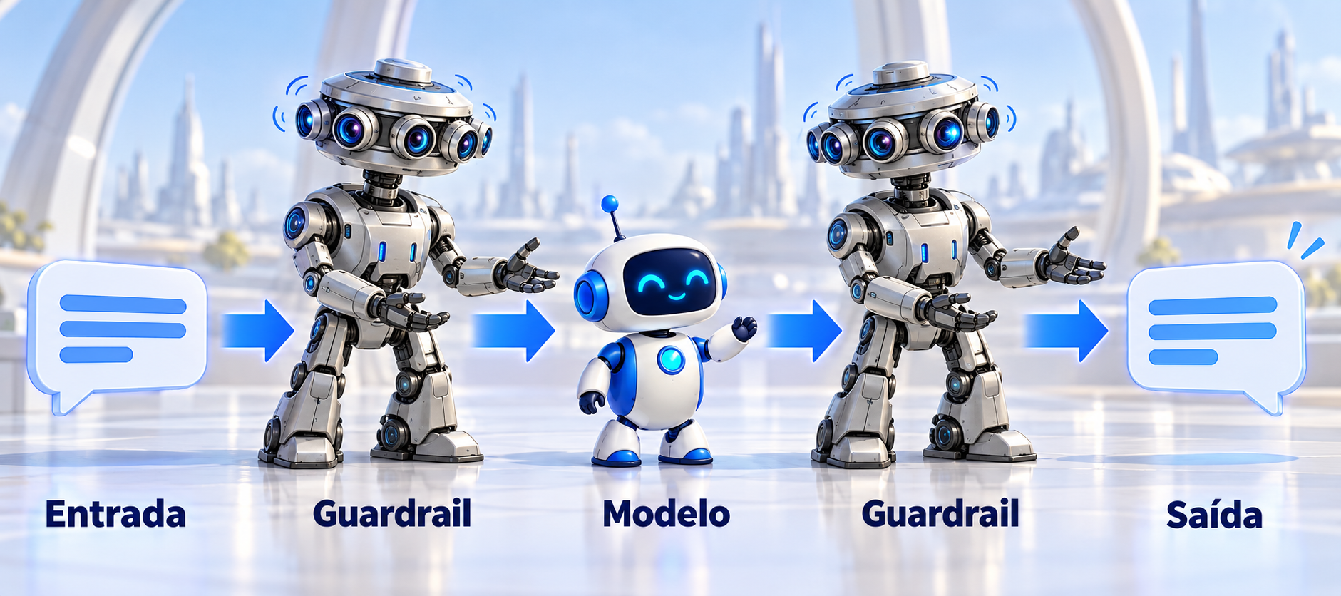 Horizontal flow: a message passes through a gray robot with several attentive eyes, continues to Kuaapy's small white and blue robot, passes through the same guardrail again, and leaves as a response.