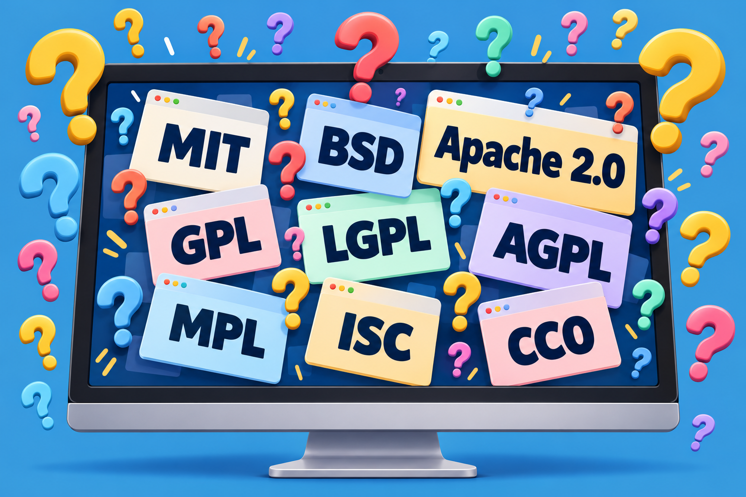 Uma tela de computador com janelas inclinadas mostrando MIT, BSD, Apache 2.0, GPL, LGPL, AGPL, MPL, ISC e CC0, cercada por pontos de interrogação coloridos.