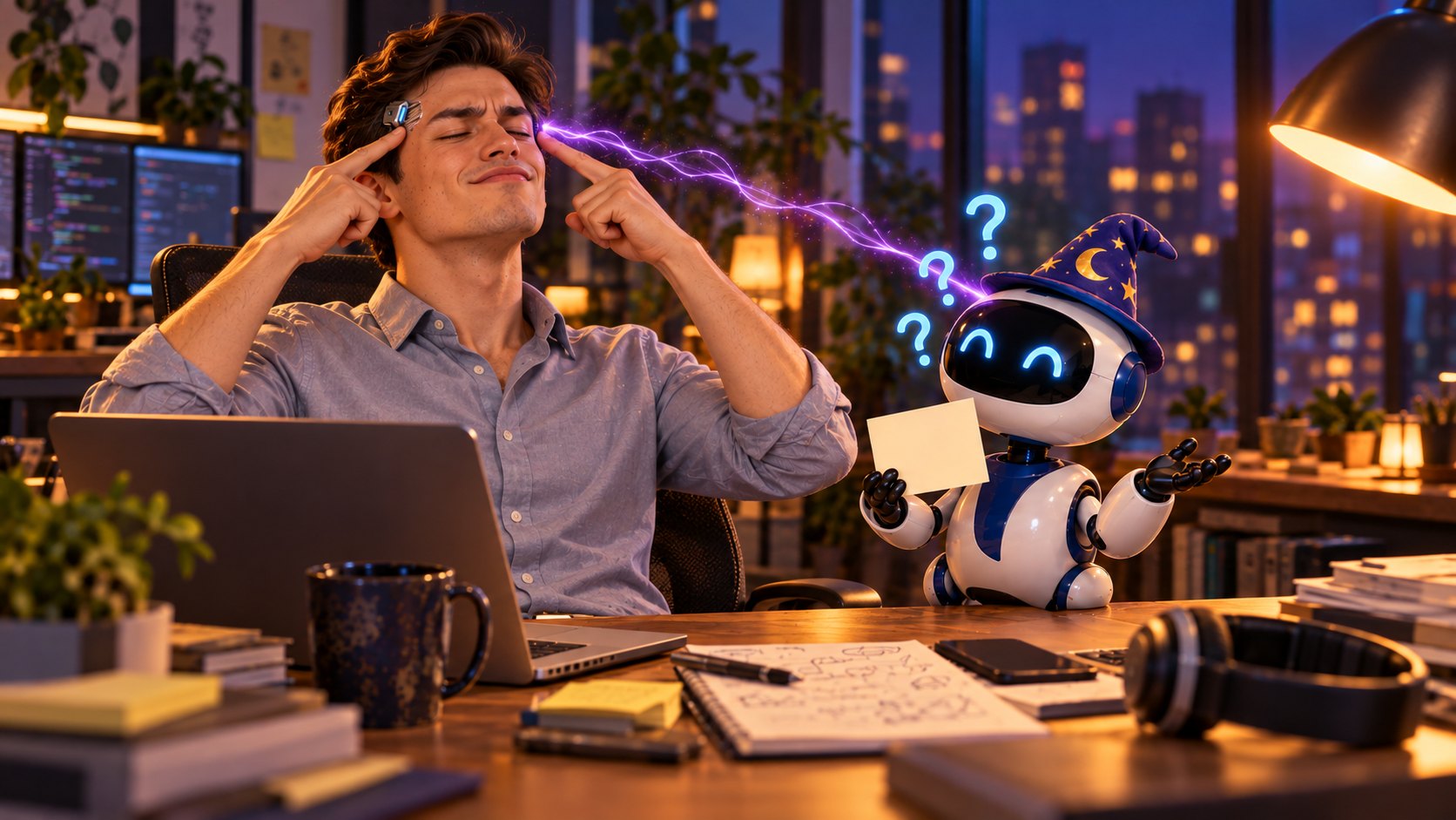 O engenheiro tenta transmitir sua intenção por um implante fictício, enquanto o robozinho segura uma folha vazia.