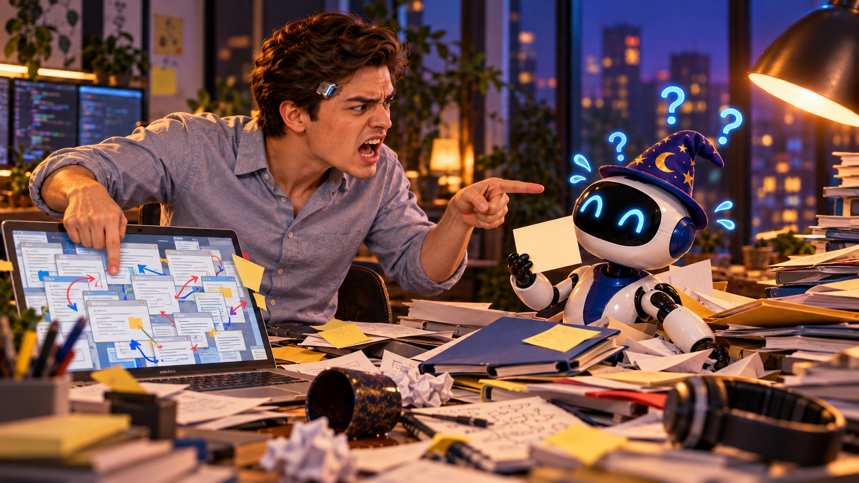 Diante de arquivos confusos, o engenheiro acusa o robozinho, que mostra a instrução vazia e tenta lidar com a bagunça.