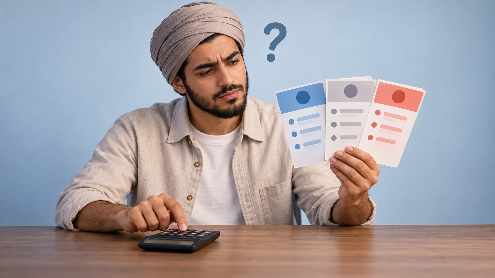 A man wearing a turban compares three plan cards while using a calculator, with a question mark above his head.
