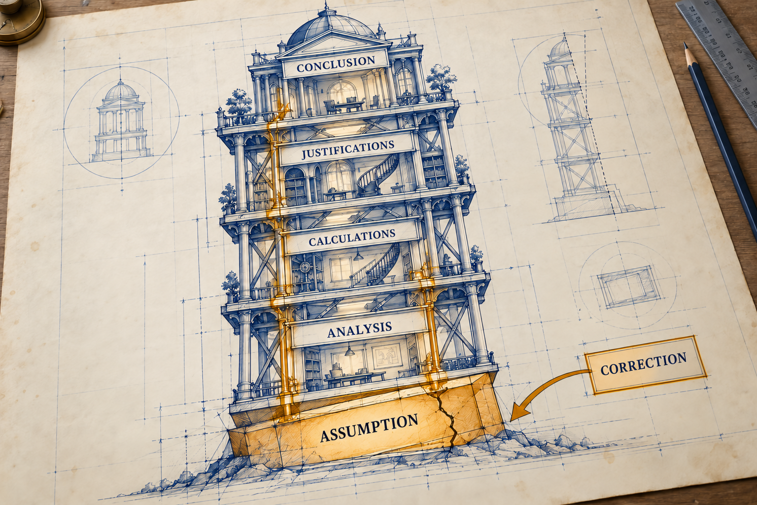 Dibujo arquitectónico de una torre con análisis, cálculos, justificaciones y conclusión sobre una base agrietada llamada suposición. Una flecha de corrección apunta a la base.