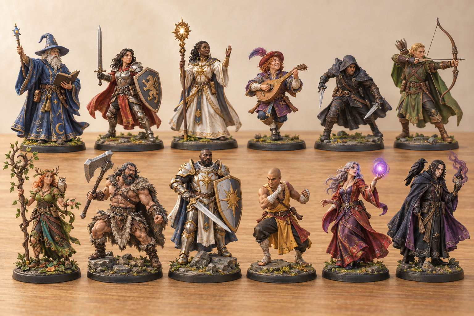 Miniaturas de personagens de RPG com diferentes equipamentos, em duas fileiras sobre uma mesa.