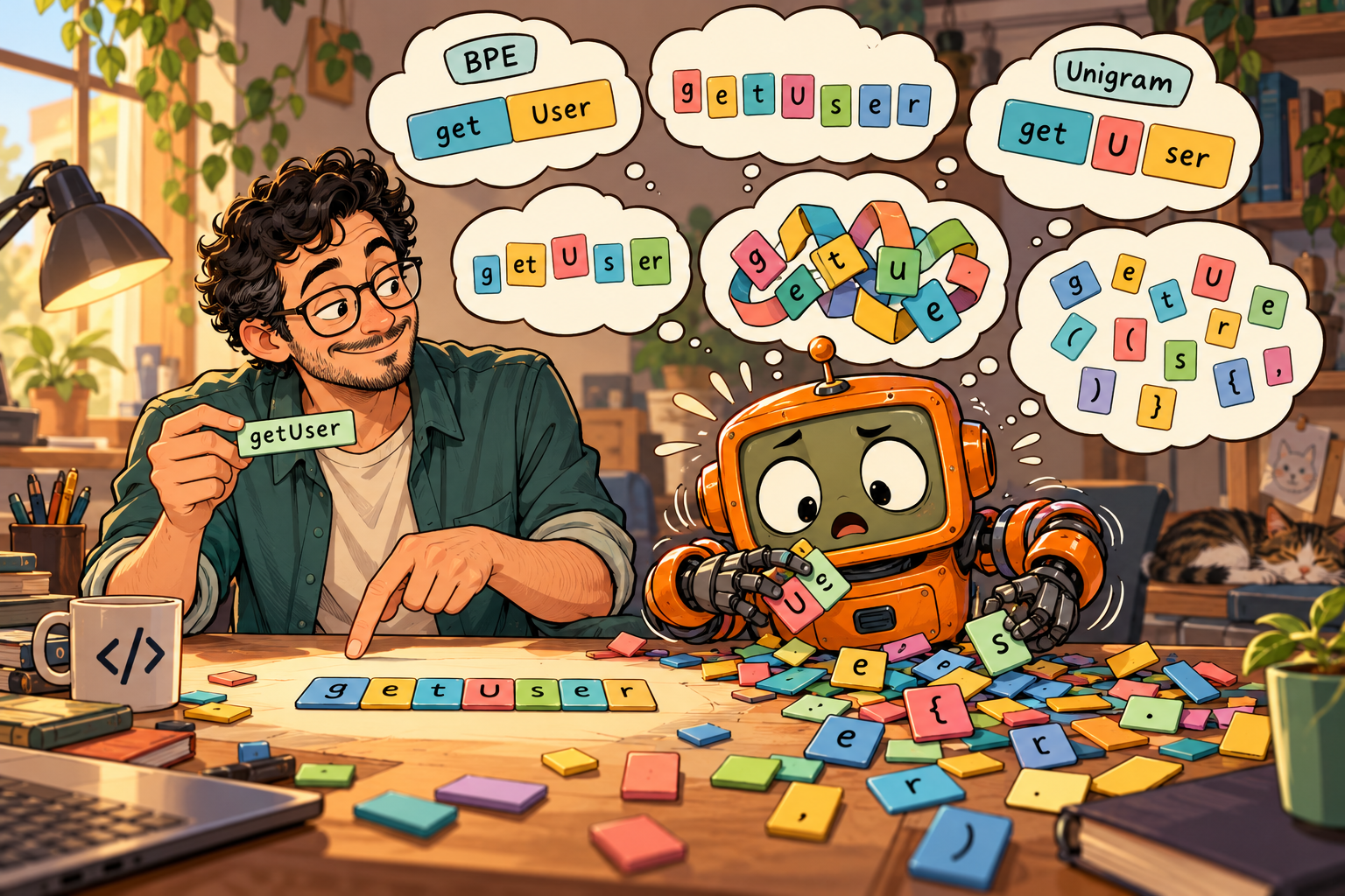 A smiling engineer shows getUser to a clumsy orange robot, surrounded by thought bubbles and colorful pieces with letters split in different ways.