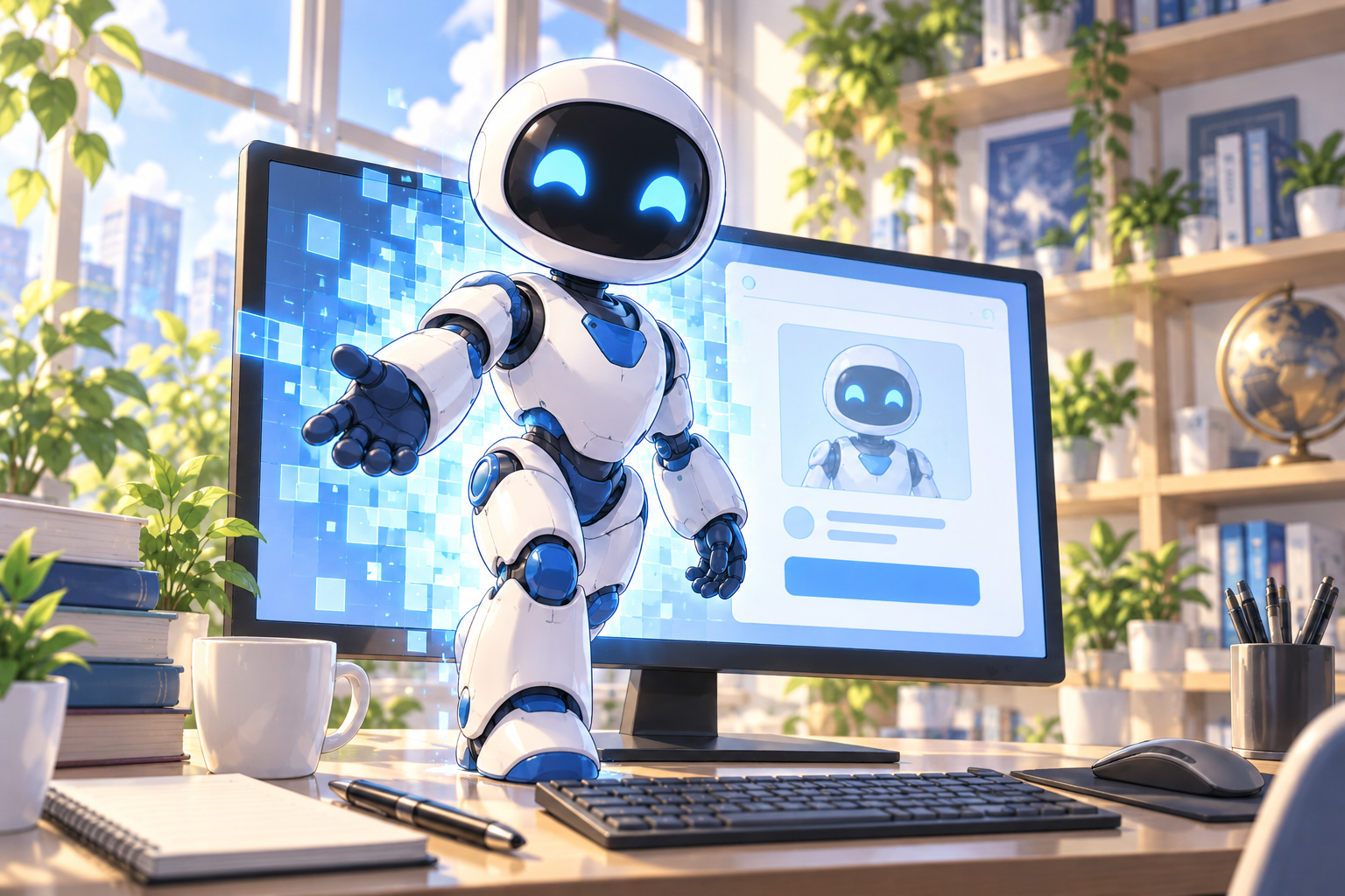 Un robot base sencillo, blanco y azul, sin antenas ni auriculares, delante de un monitor en un ambiente luminoso.