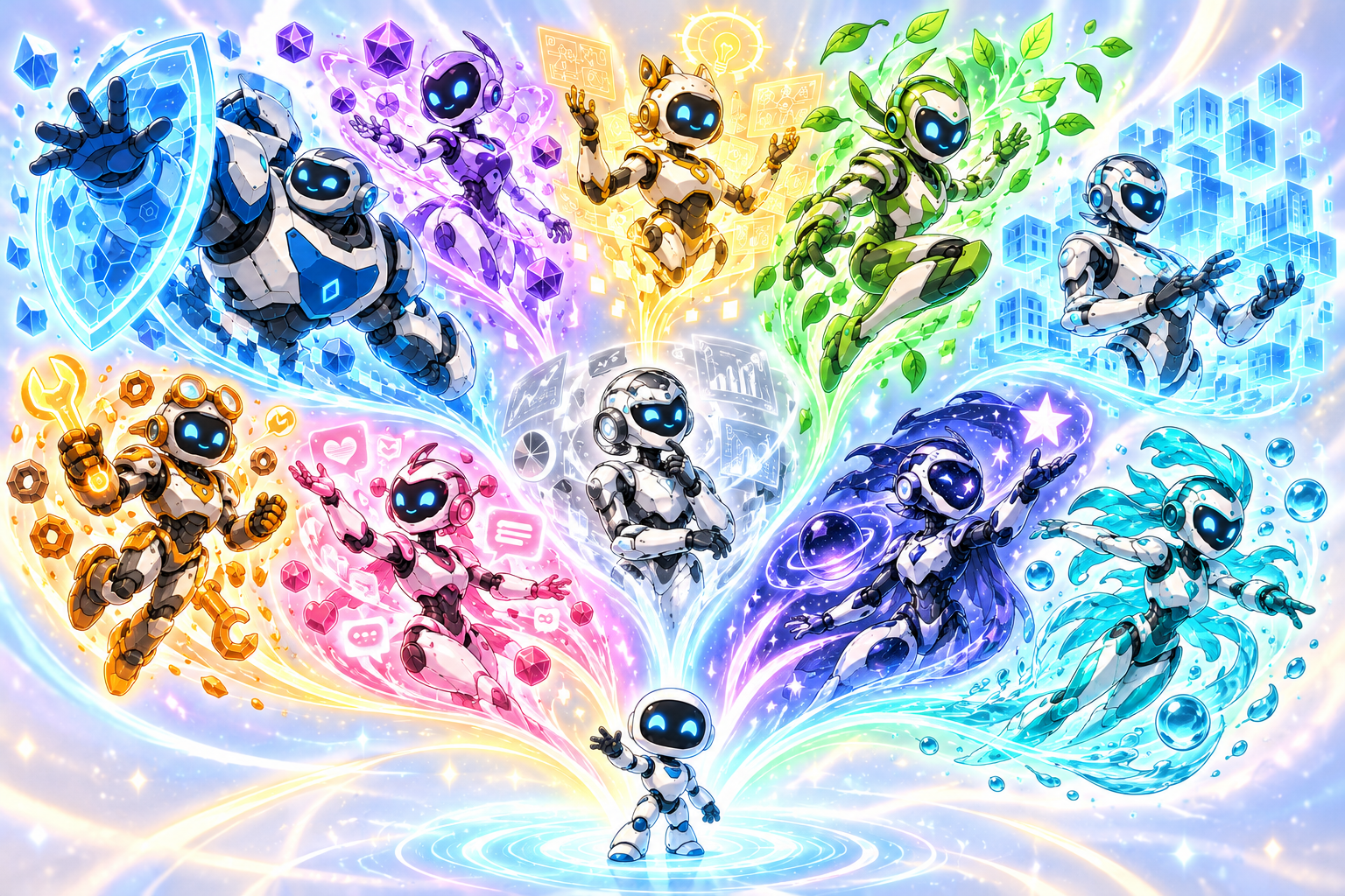 Un pequeño robot base origina ramas luminosas hacia nueve robots especialistas más grandes, con colores y capacidades distintas.