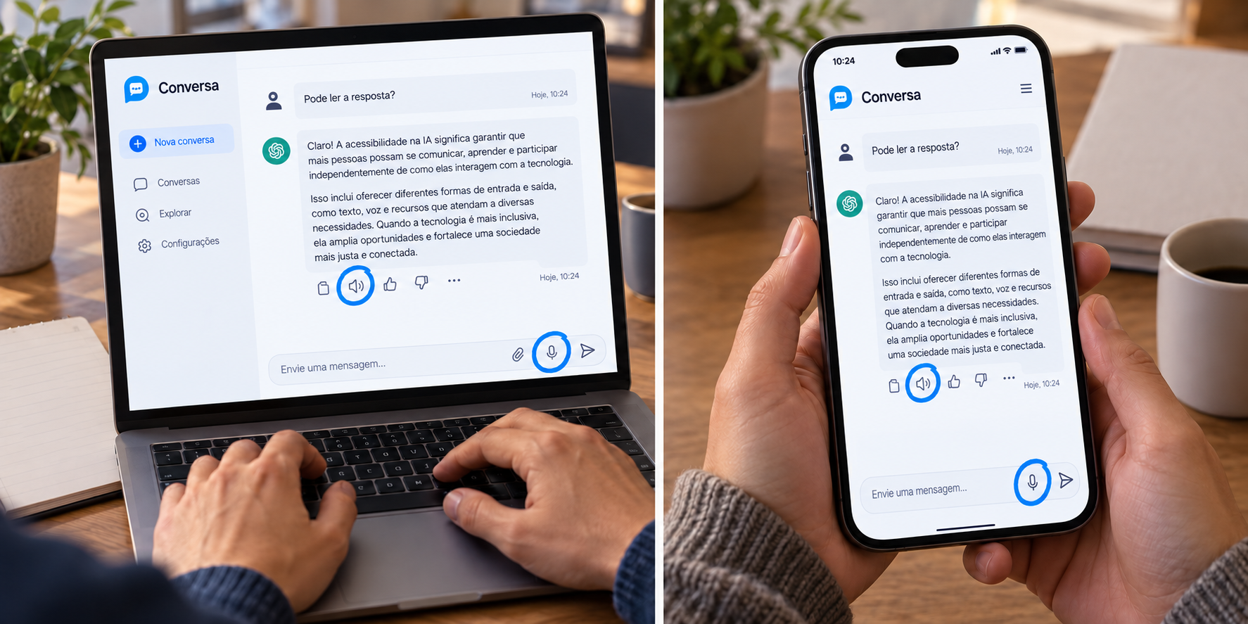 Two side-by-side scenes show hands using a browser on a computer and an app on a phone. Blue circles highlight the small microphone and listen-to-the-answer controls in both fictional interfaces.