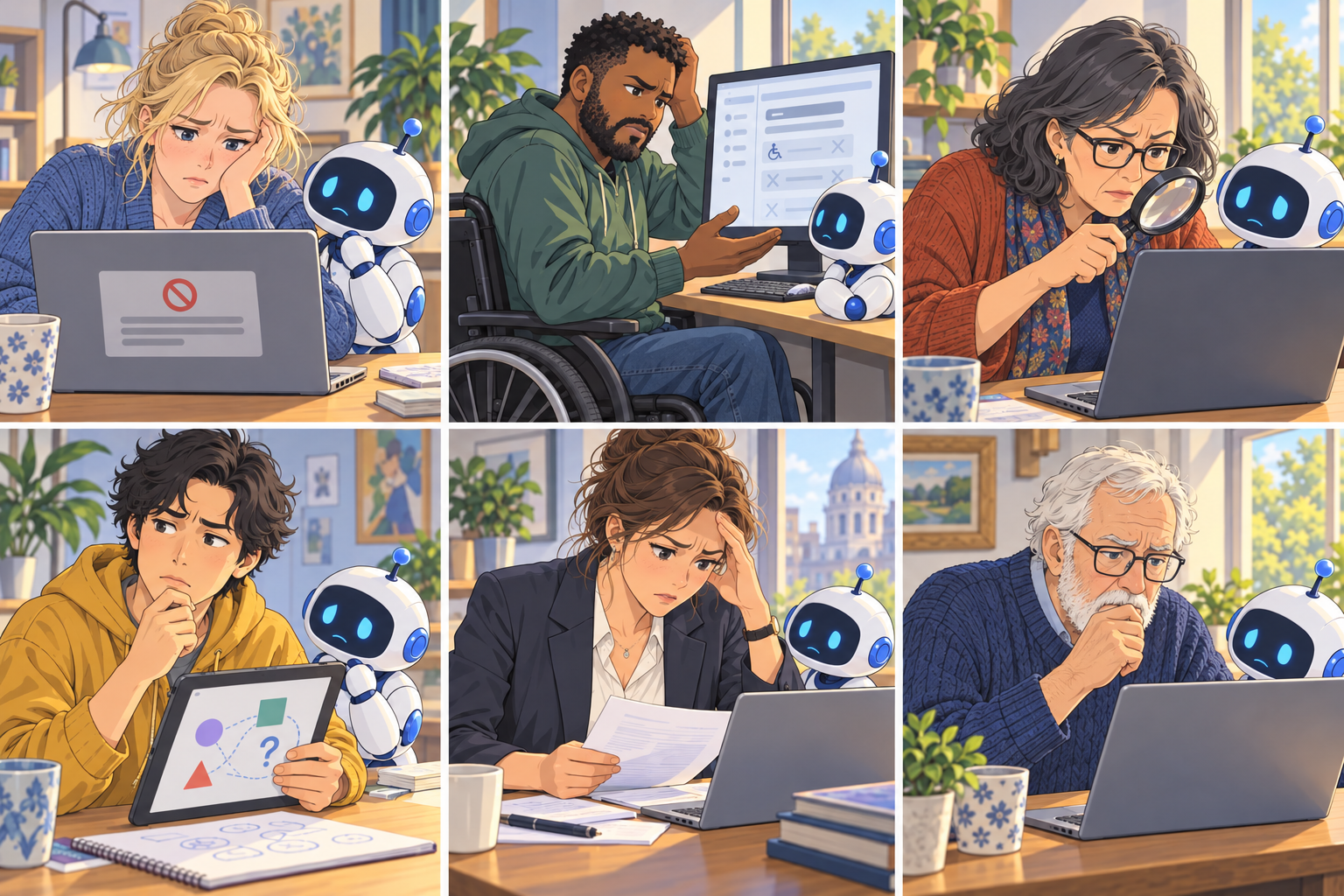 Ilustración anime en seis escenas: personas de distintas edades, una persona en silla de ruedas y una persona que usa una lupa afrontan dificultades con herramientas de IA, acompañadas por el robot de Kuaapy.