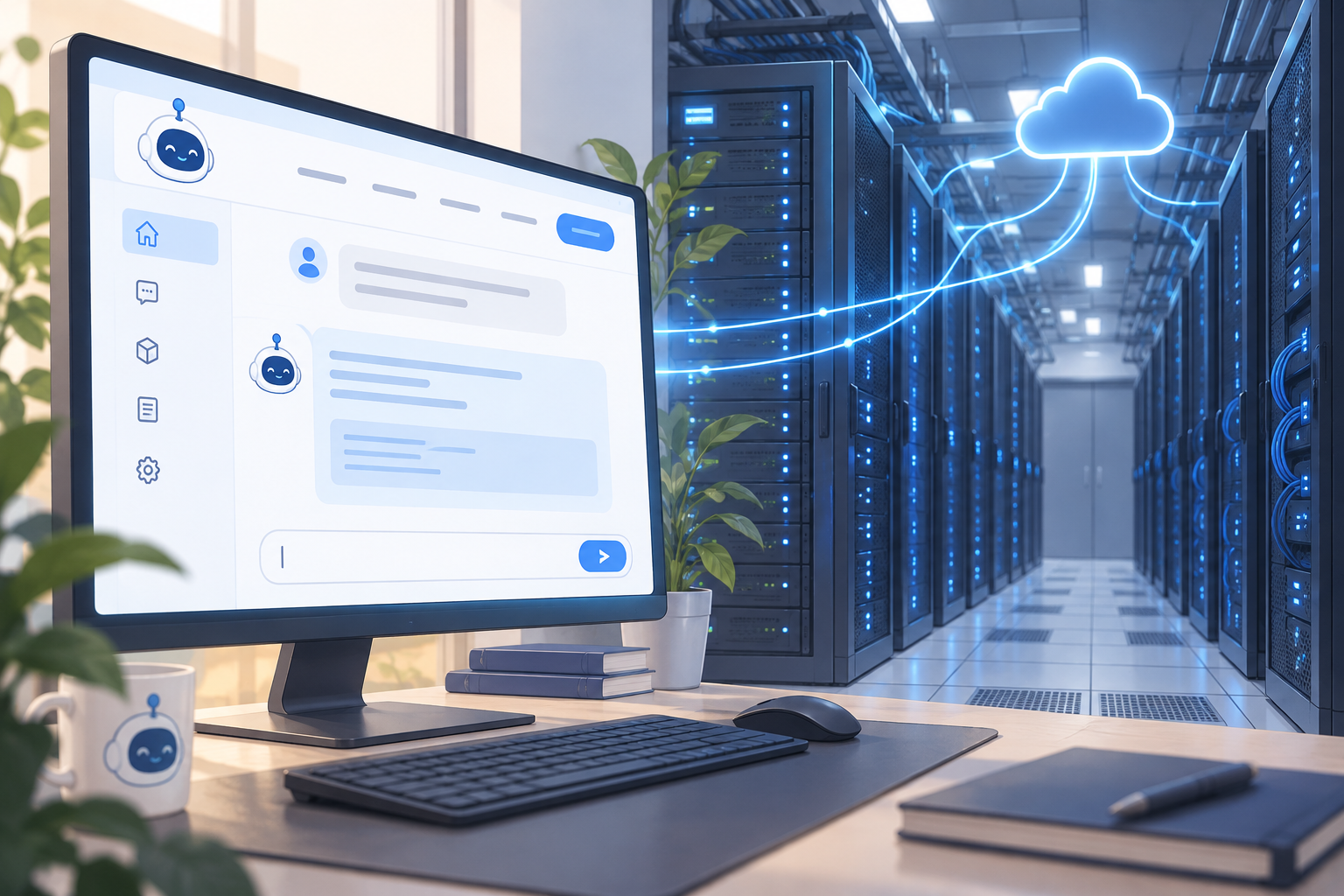 Ilustração conceitual da interface do serviço Kuaapy em uma tela vista de lado, conectada a racks de servidores em um data center de nuvem.