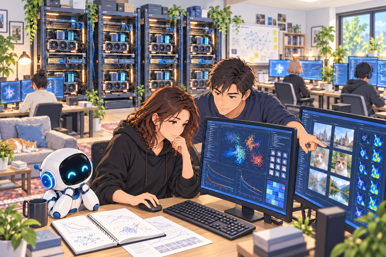 Ilustração conceitual em anime de duas pessoas pesquisadoras comparando resultados de treinamento nos monitores, com quatro racks locais e equipe trabalhando ao fundo.