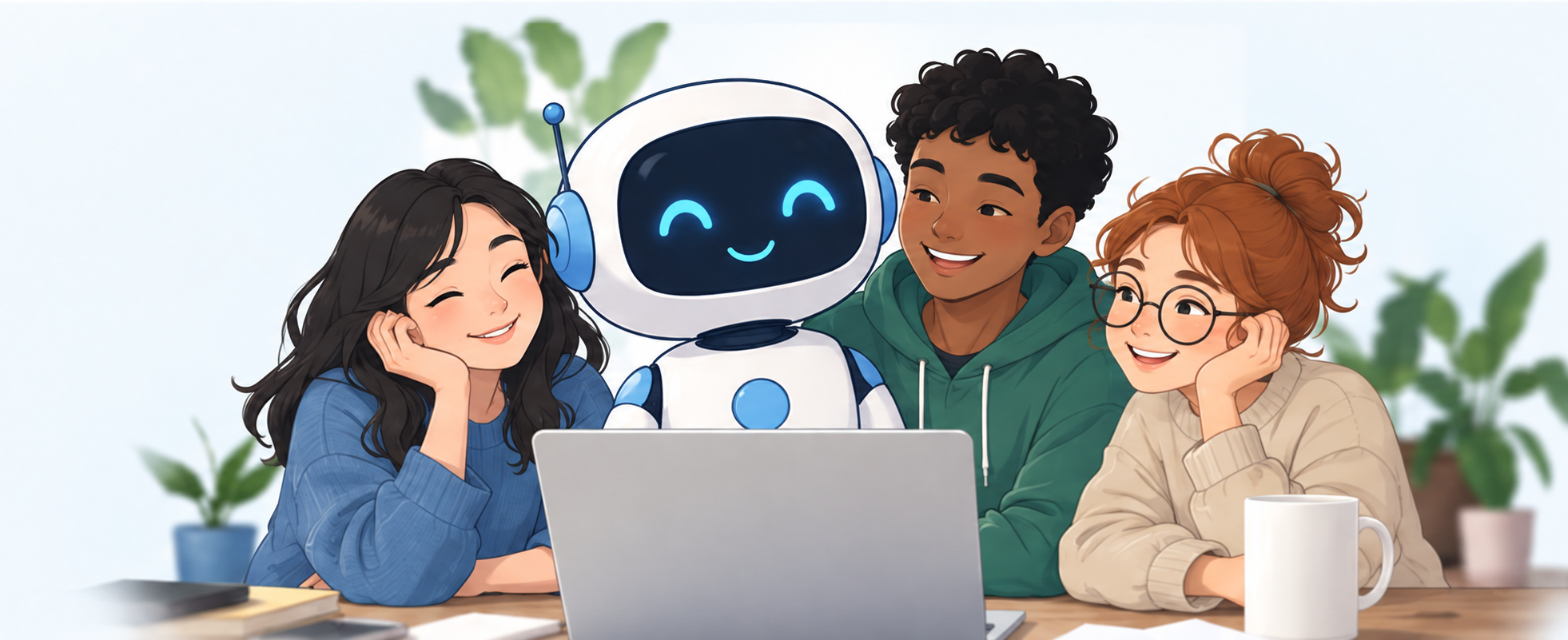 Three people and Kuaapy’s friendly white-and-blue robot gathered around a laptop.